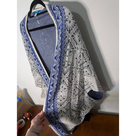 Buttons Brand Open-Knit Cardigan shrug shawl L Blue White Textured Aztec Boho EU - Picture 2 of 5